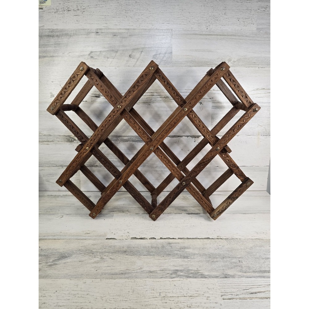Hand Carved Wooden Wine Rack 10 Bottle Accordion Folding Countertop Rustic Brown